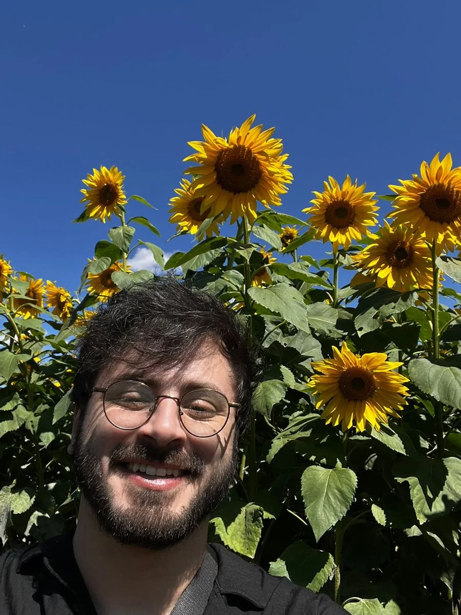 Placido, smiling, in front of a sunflower field